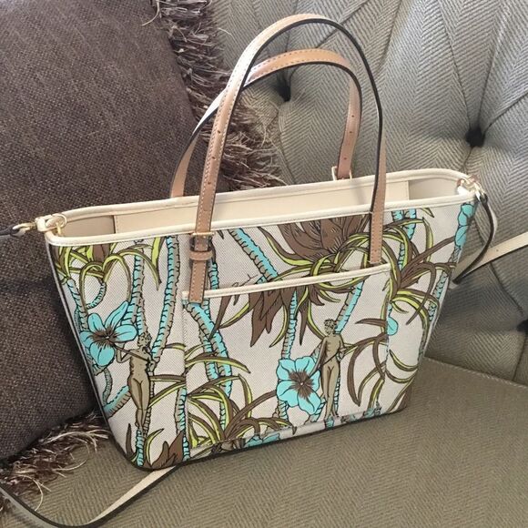 TORY BURCH NATURE PRINTED CANVAS TOTE FLOWERS PALMS BROWN TURQUOISE CREAM - Picture 9 of 11